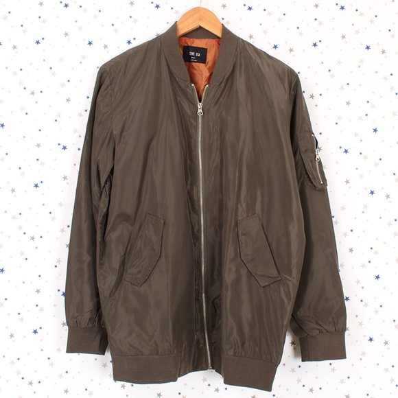 Olive Long Zip Up Bomber Jacket - Picture 7 of 8